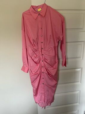 ANTONIO MELANI Pink Button-Front Ruched Midi Shirtdress